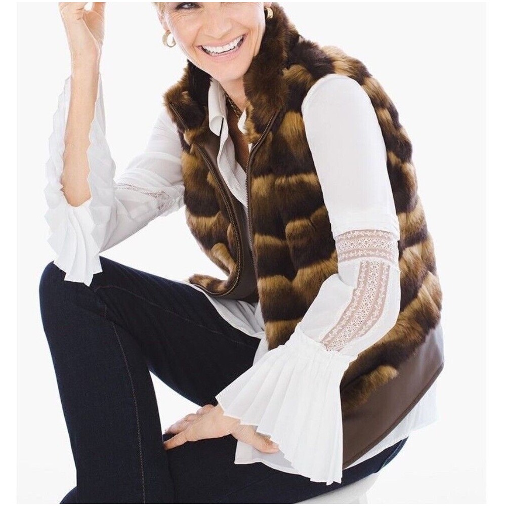 Chicos Faux Fur Vest Womens Small Zip Up Front Stripes Lined Winter Mob Wife - Picture 2 of 12